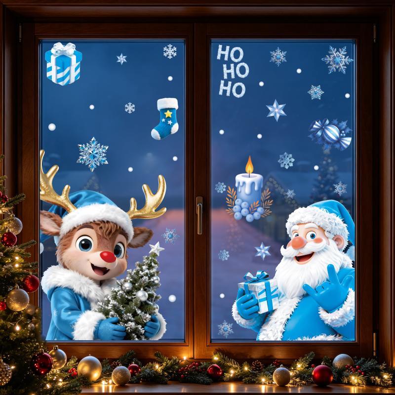 Christmas Decorative Glass Sticker Snowflake Snowman Blue Crystal Ball Theme Non-residue Window Decal for Xmas Party Home