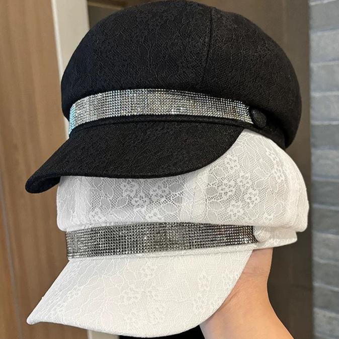 New Rhinestone Webbing Octagonal Hat Children's Spring and Summer Mesh Lace Breathable Duck Tongue Beret