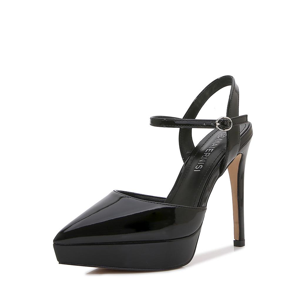 2025 spring new one-word buckle women's pointed high heels thin heels sexy hollow straps shallow mouth women's shoes