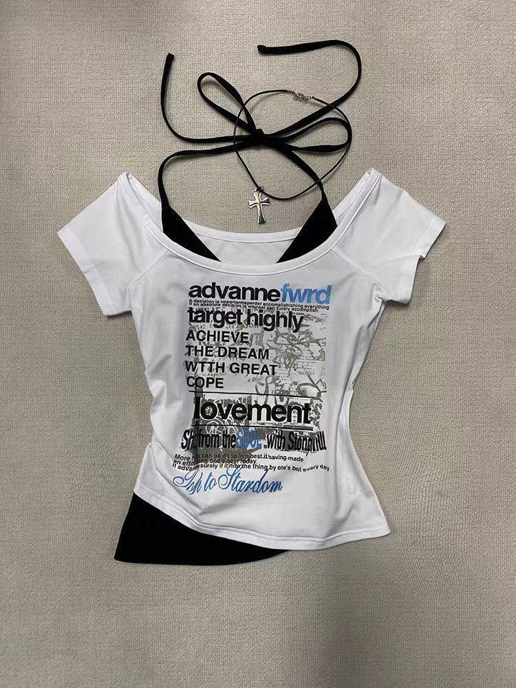 Sweet & Spicy Halter Neck Short Sleeve Crop Top: 2025 Summer New Two-Piece Illusion Design