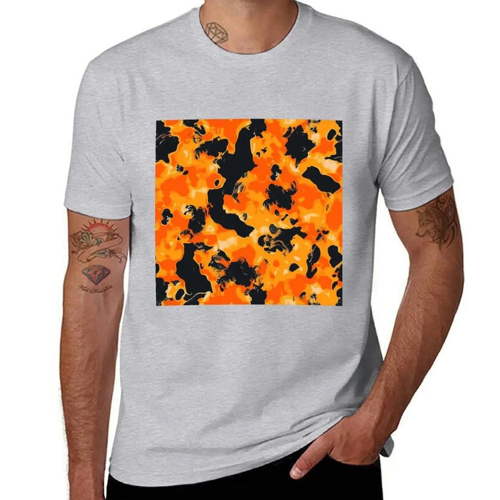Design Abstract Camouflage Fluid Shapes in Neon Colors T-Shirt Orange Glowing Trippy Luminance Pattern designer clothes2024