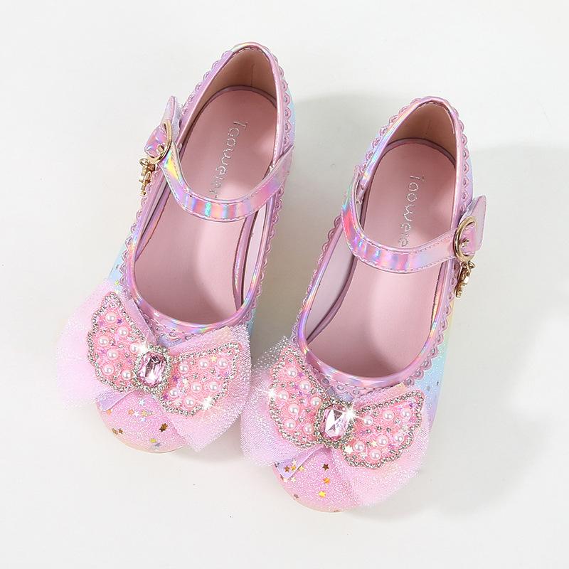 Girls High Heels Children's Rainbow Princess Shoes Spring and Autumn New Little Girl Single Shoes Medium and Older Children's Crystal Shoes Leather
