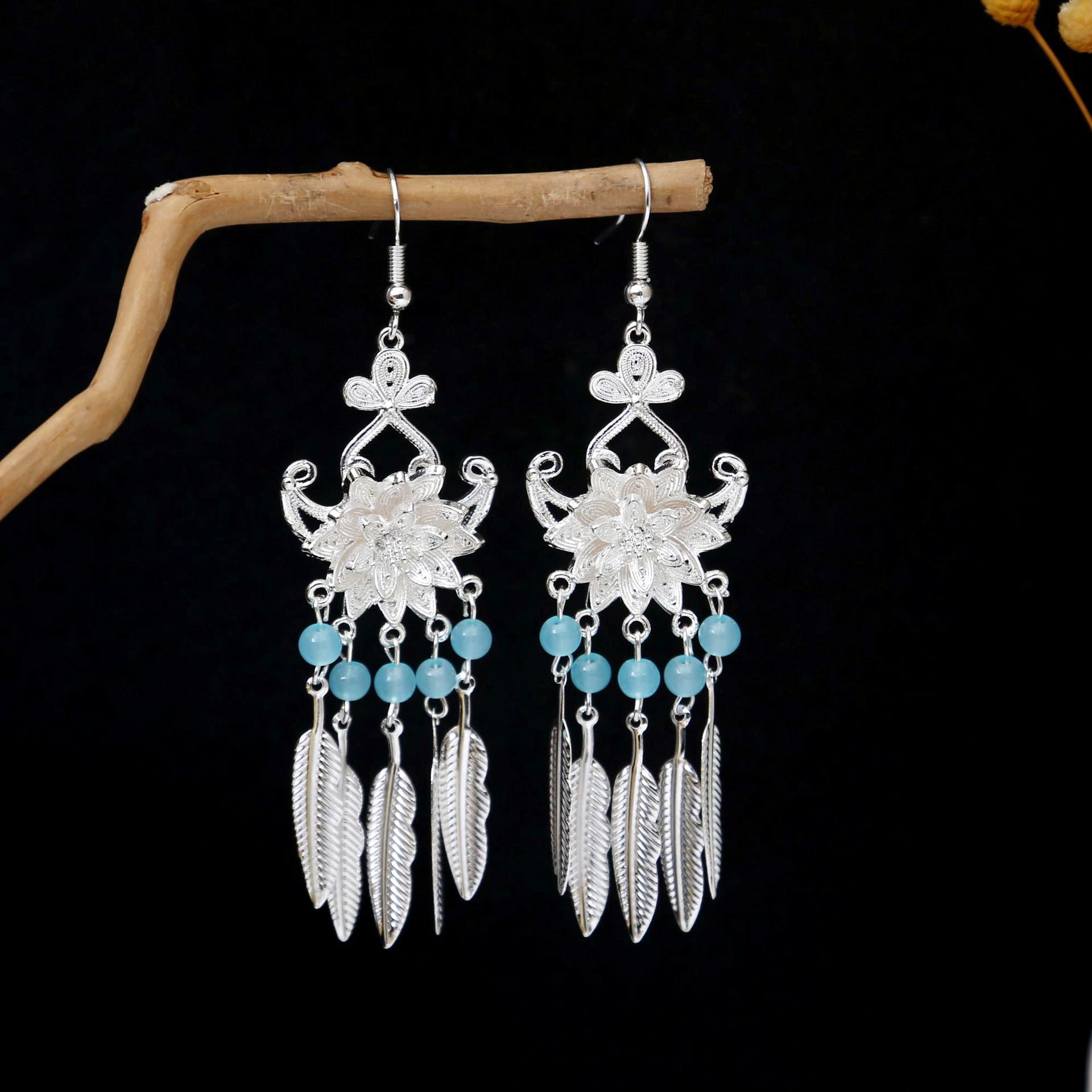 Ethnic Turquoise Feather Tassel Earrings - Bohemian Face-Slimming Dangle Accessories