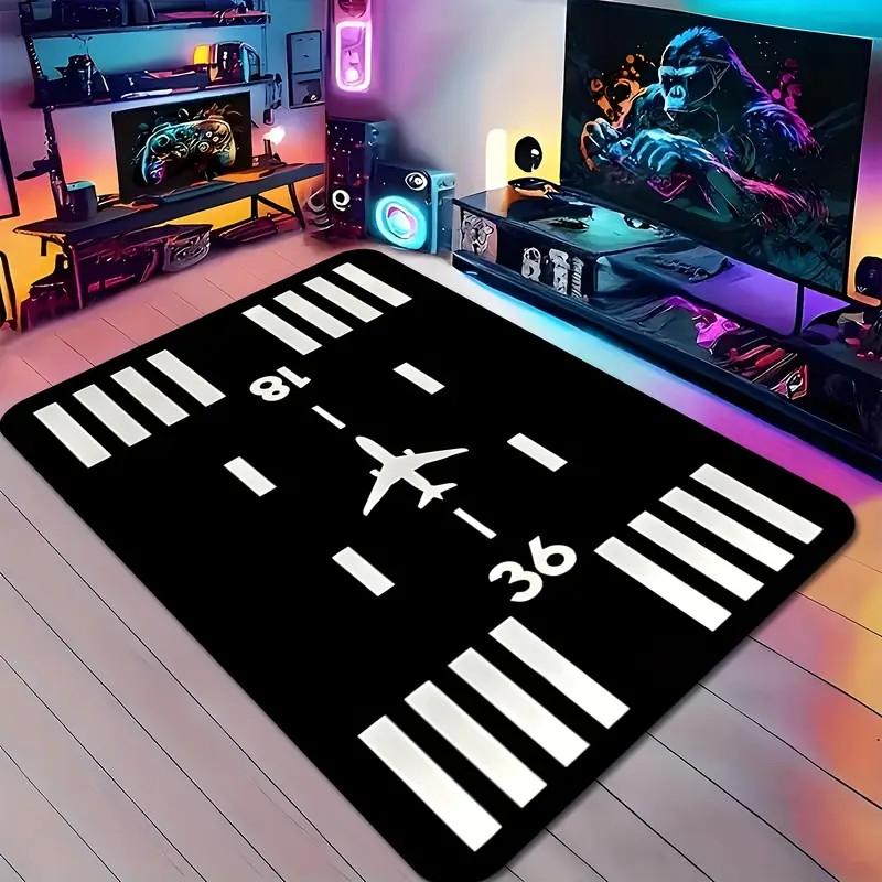 Airport-Themed Carpet Green with Airplane & Runway Design Rug for Living Room, Outdoor, Kitchen, Bathroom, Airplane Decor Mat