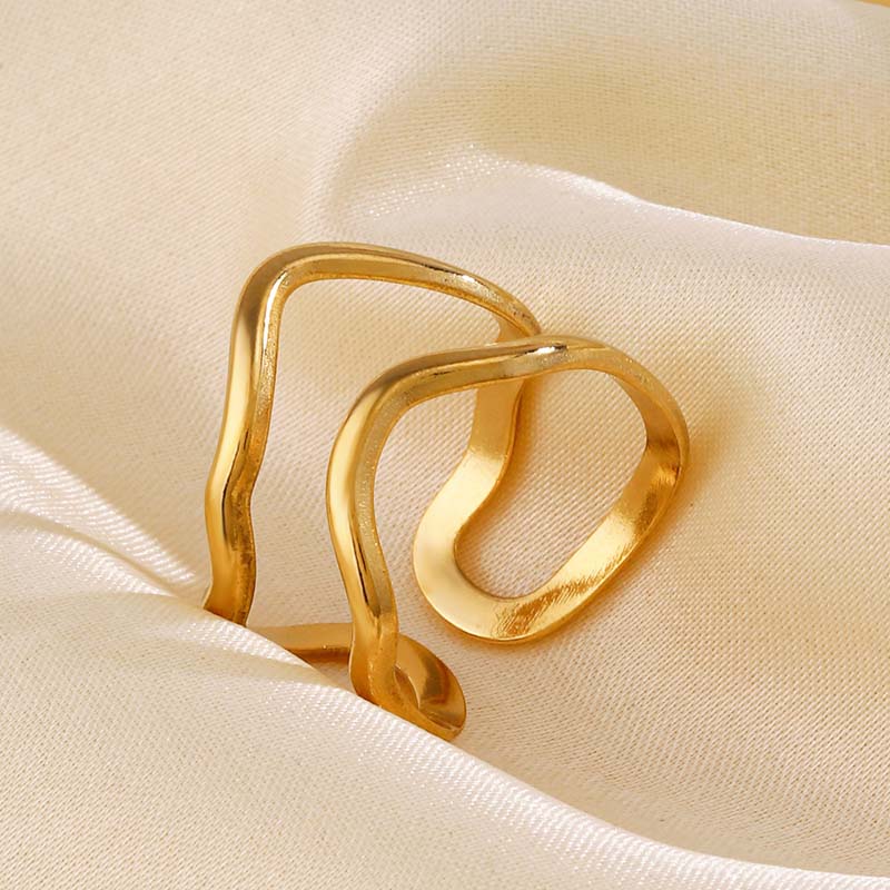 Stainless Steel Gold Color Irregular Geometric Opening Rings for Women Fashion Metal Texture Wide Rings Aesthetic Jewelry Gift