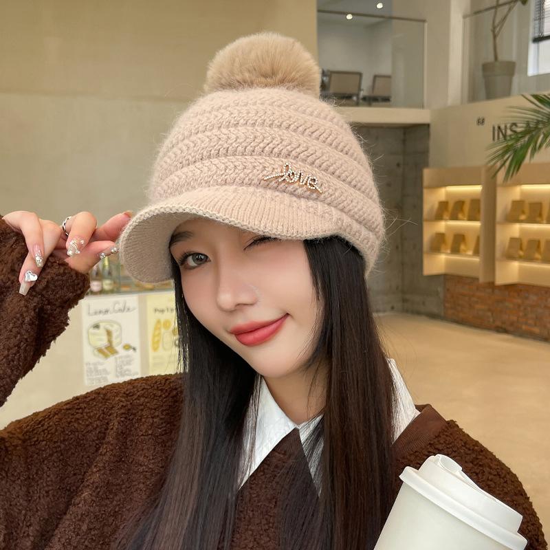 Rabbit-wool Hat for Women's Letters Bright Diamond Knitted Wool Cap Plus Velvet Warm Wool Ball Ear Protection Baseball Cap