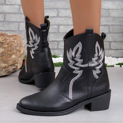 New Women's Boots Spring and Autumn Pointed Square Heel Medium Tube Sewing Thread Retro Short Boots