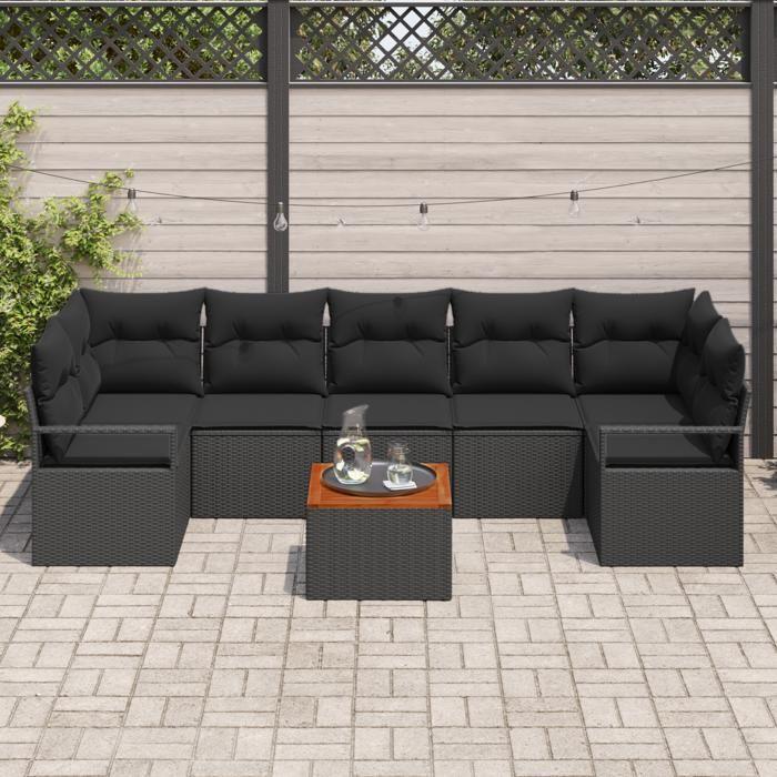 Set de Canapés Jardin 8 Pièces avec Coussins Noir en Rattan Poly Acacia, Canapé Jardin 2 Places avec Coussins Noir en Rattan 3347674
