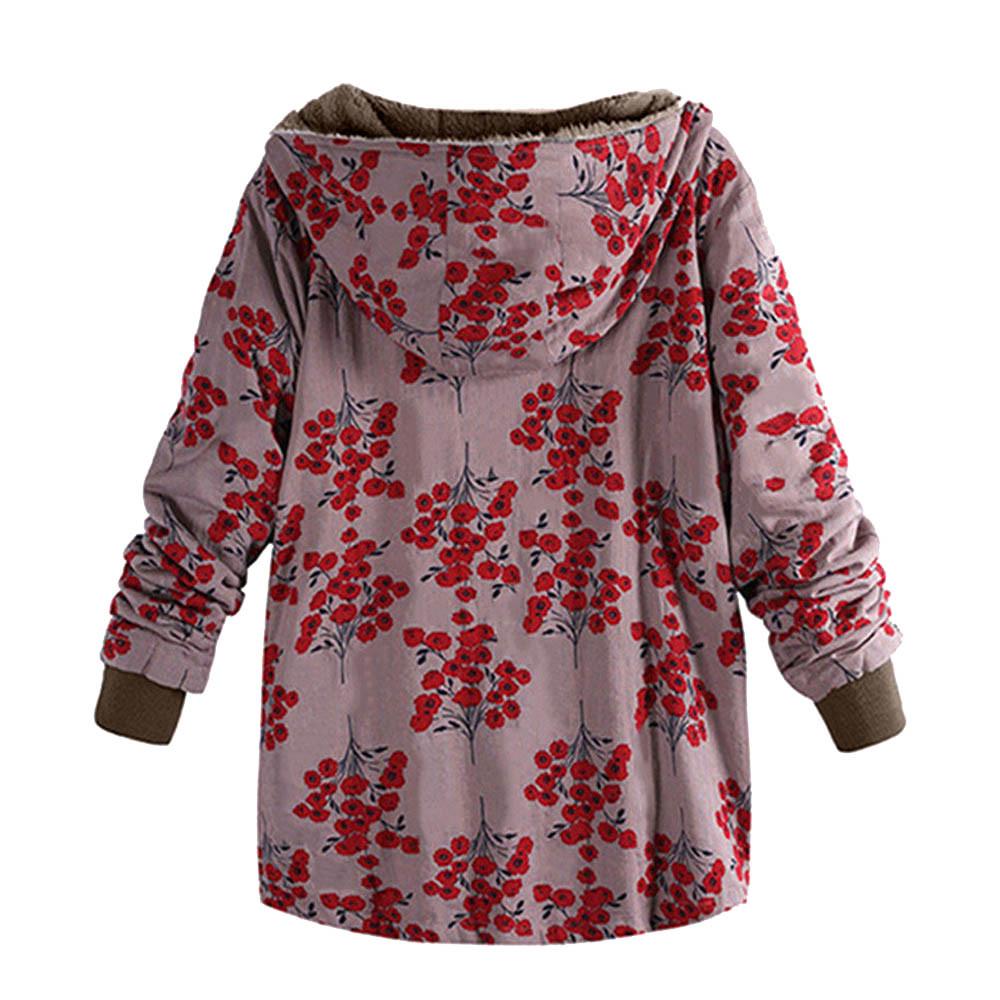  Womens Winter Warm Outwear Floral Print Hooded Pockets Vintage Oversize Coats