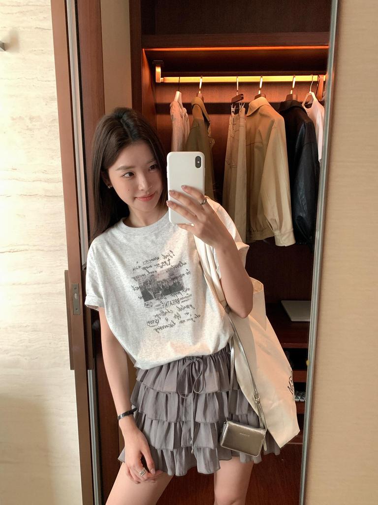 Qiumeng DT ETOLIE Korean Style White Women's Elastic Waist Puffy Casual Short Skirt