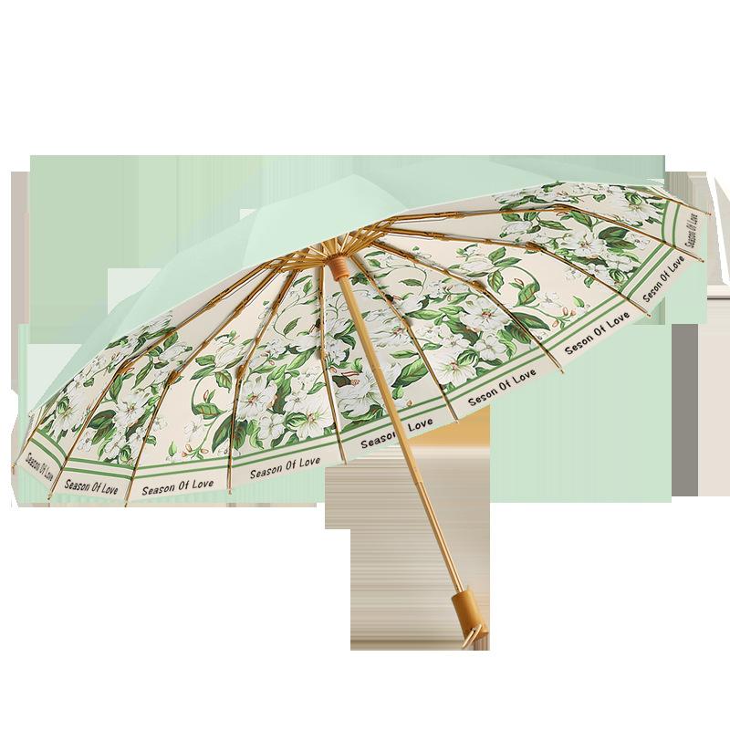New 16-bone hand open three-fold color glue double-layer umbrella, solid wood handle parasol, sun protection parasol