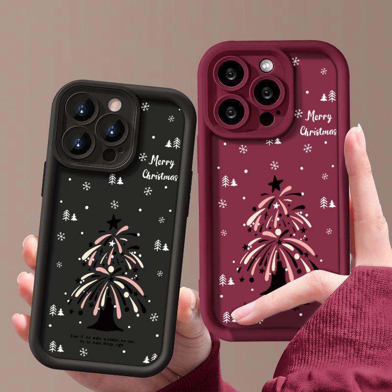 

Мягкий чехол из термополиуретана конфетного цвета для iPhone 16 Pro 15 14 Plus 13 12 11 Pro Max Xs Xr 8 7 с рисунком фейерверка и рождественской елки, противоударный защитный чехол для объектива iPhone 16 чёрный
