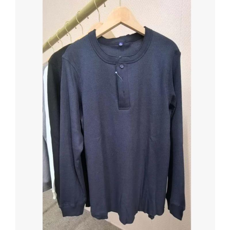 Men Women Long Sleeve Pullover T Shirt Waffle Knit Henley Neck