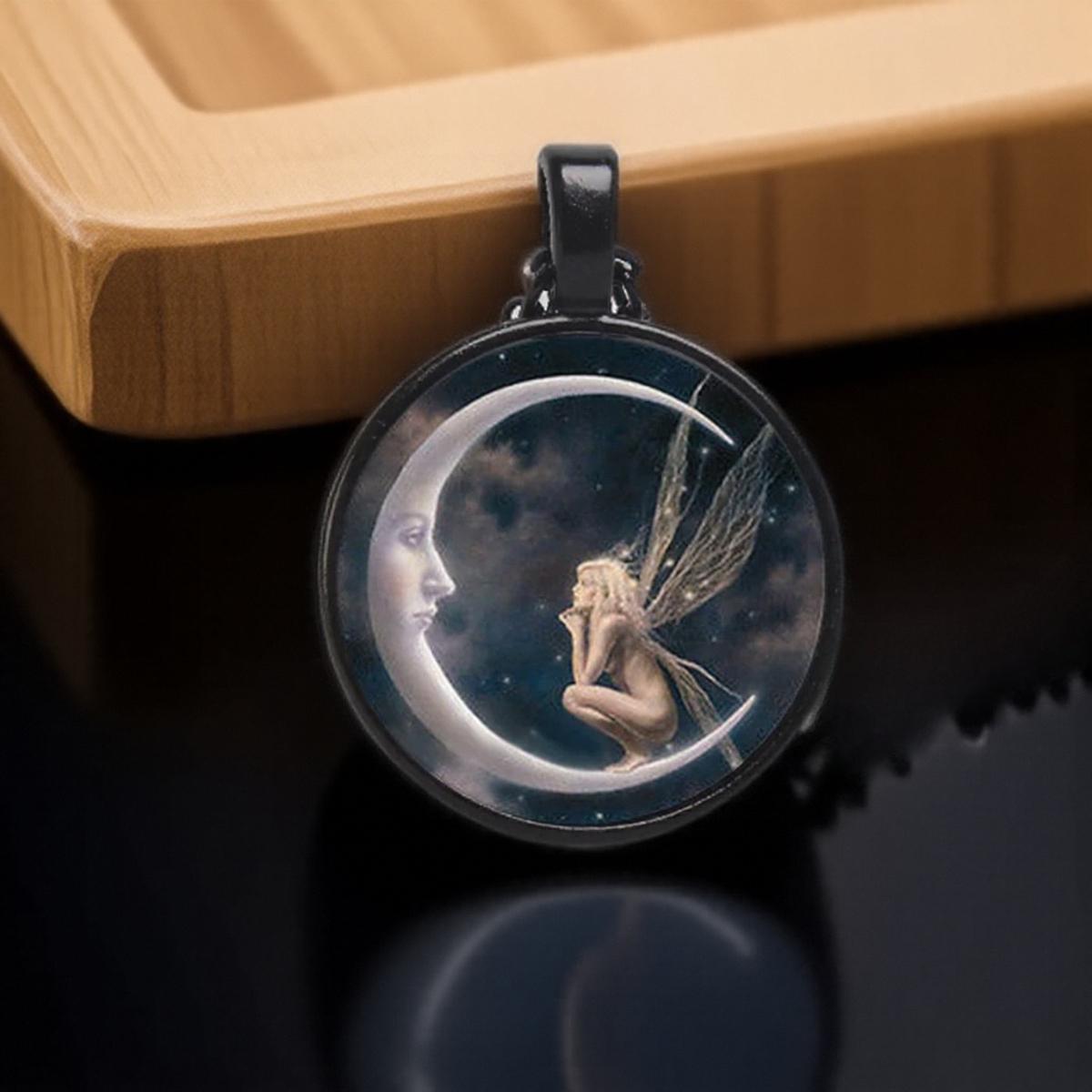 

Fairy Moon Photo Pendant Necklace for Women Tibetan Silver Oval Cabochon Glass Crystal Gemstone Chain Boho Chic Jewelry чёрный