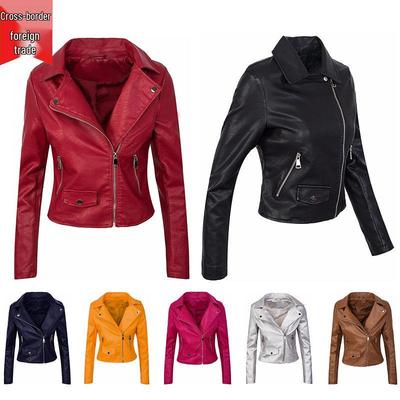 EU Size Slim Zipper PU Leather Jacket for Women - Solid Color, Autumn/Winter Collection