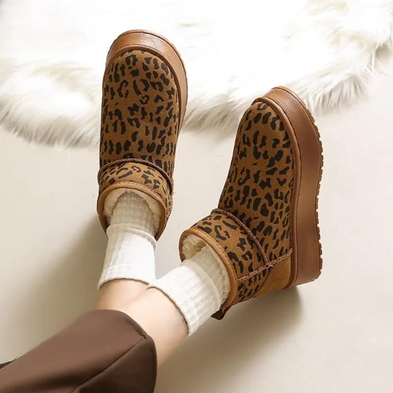 Womens Ankle Boot 2025 Trend New Leopard Print Design Home Plush Warm Botas Mujer Casual One-foot Thick-soled Walking Snow Boots