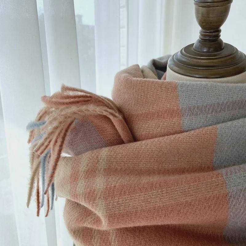 2024 Women's Winter Plaid Tassel Shawl - Korean-Style Thick Warm Imitation Cashmere Scarf for Students and Couples