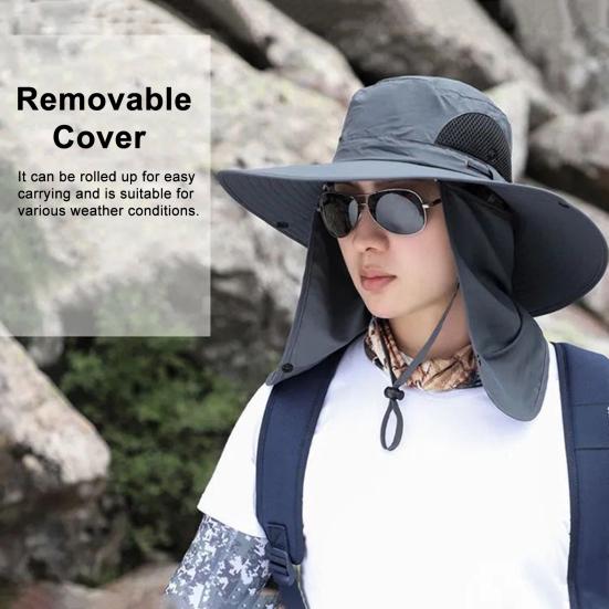 Men Fisherman Hat Wide Brim Breathable Mesh Design Quick-Drying Bucket Hat with Neck Shawl Face Guard Outdoor Fishing Hat