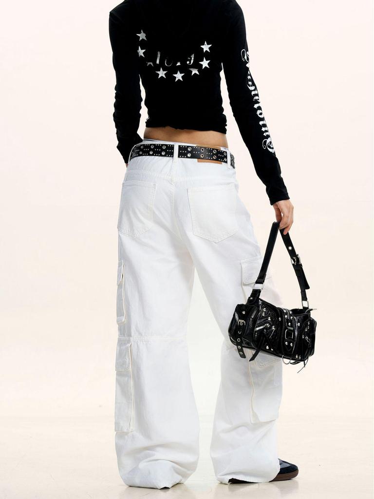 Yongfang Unisex Retro Schlankmachende Cargohose - Mehrere Taschen, Mittelhoch geschnitten, Bodenlang, Säbel-Design