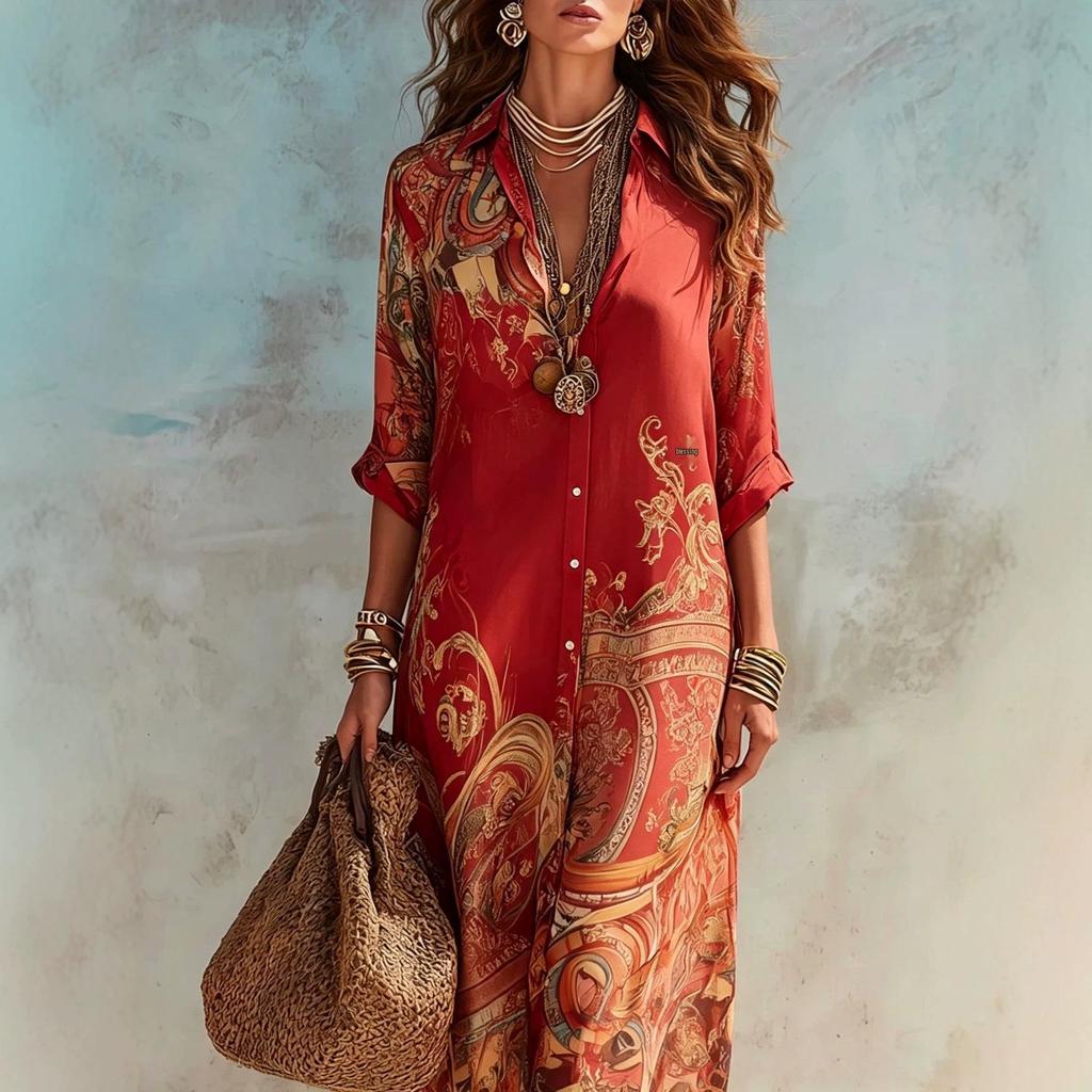 2026 European Beach Vacation Retro Light Blue Print Shirt Dress