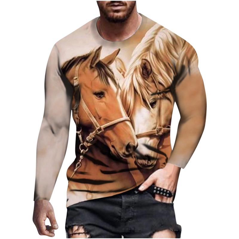 Rundhals 3D Pferde-Print T-Shirts Lässige Langarm Herren T-Shirts - Weicher Mittlerer Stretch Polyesterstoff Frühling und Herbst Relaxed Fit Kleidung