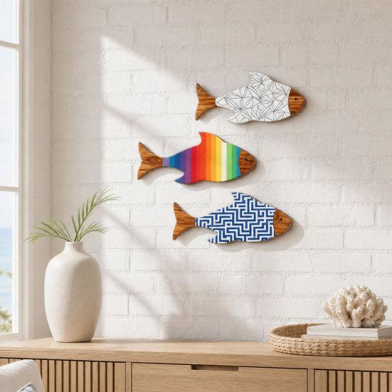 3Pcs/Set Wooden Fish Coastal Wall Art, Rustic Handcrafted Fish Wall Decor, Nautical Fish Wall Sculpture for Living Room, Beach Lake House