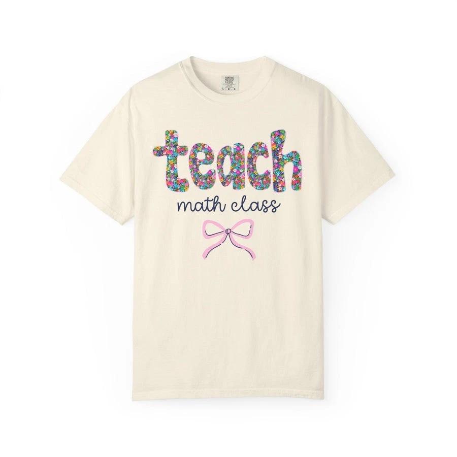 Floral Math Teacher Tee Shirt with Colorful Flowers and Bow - T-SHIRT 2XL
