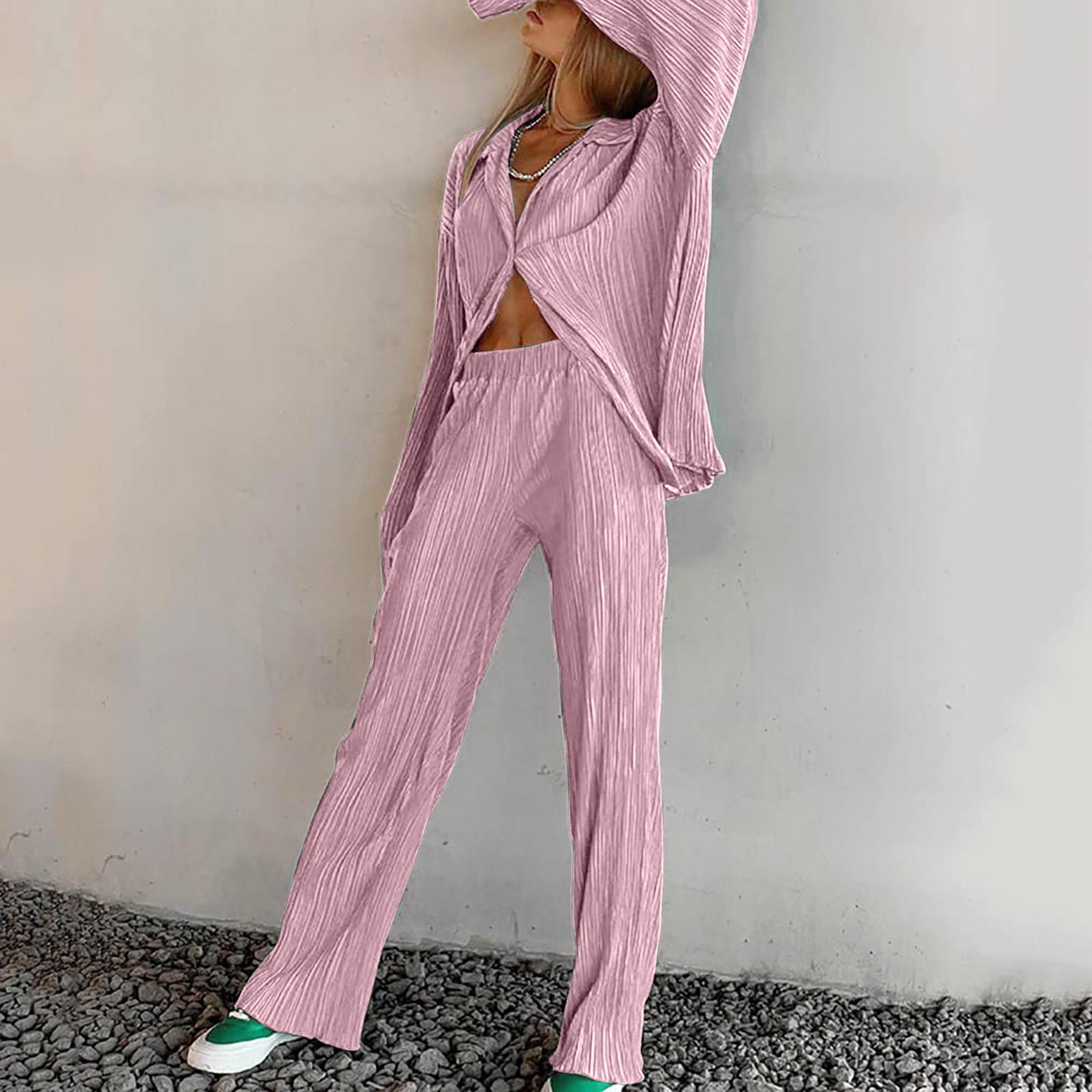 

Женская повседневная одежда из 2 предметов, рубашка на пуговицах с длинным рукавом, длинные брюки с высокой талией, одежда для дома, уличная одежда L розовый