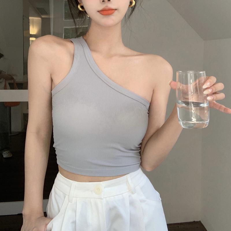 Camisole d'été pour femmes, épaules diagonales, haut polyvalent, nombril ouvert, haut court