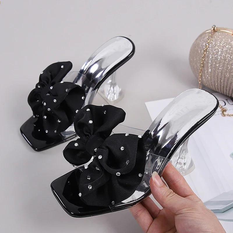 Fashion 2025 Fashion Crystal Bow High Heels Slippers Shoes for Woman Sexy PVC Transparent Sandals Women Slides Open Toe Pumps Blue Black