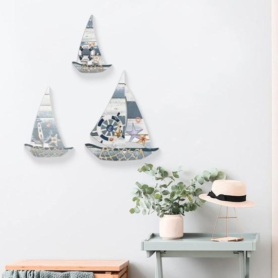 3 Pezzi Decorazione Murale Vela in Legno Costiera Nautica Spiaggia Scultura Nave Casa sul Lago Appeso a Parete Decorazione per Camera da Letto Bagno Stanza dei Bambini