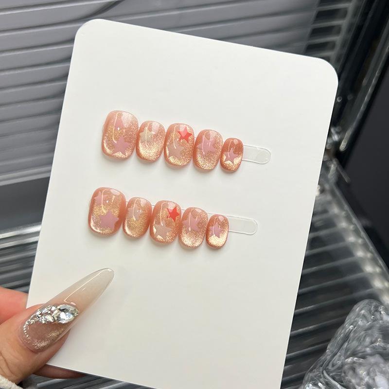 10 Pcs Short Oval Press On Nails Glossy Block Stripes And Star Designs Mix And Match False Nails For Women And Girls
