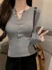 American Spicy Girl V-Neck Button-Up Long Sleeve Slimming T-Shirt for Women - Solid Color, Inner Layer, High-End Feel, Autumn/Winter.