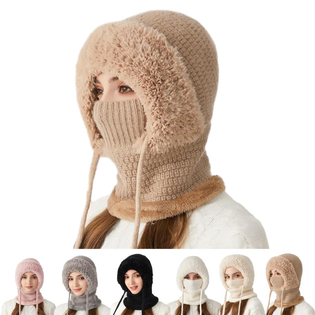 Women's Outdoor Winter Fleece-Lined Thick Knitted Hat, Neck Warmer, Face Covering Mask Warm Set