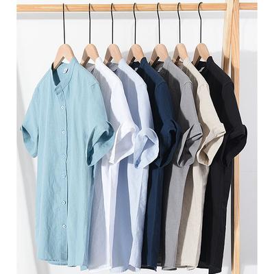 Kurzarmhemden aus Baumwolle und Leinen für Herren, Sommer, Streetwear, einfarbig, Stehkragen, lässiger Strandstil, Übergröße XS-3XL