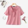 ZANZEA Women Casual Ruffles Round Neck Summer Short Sleeve Blouse