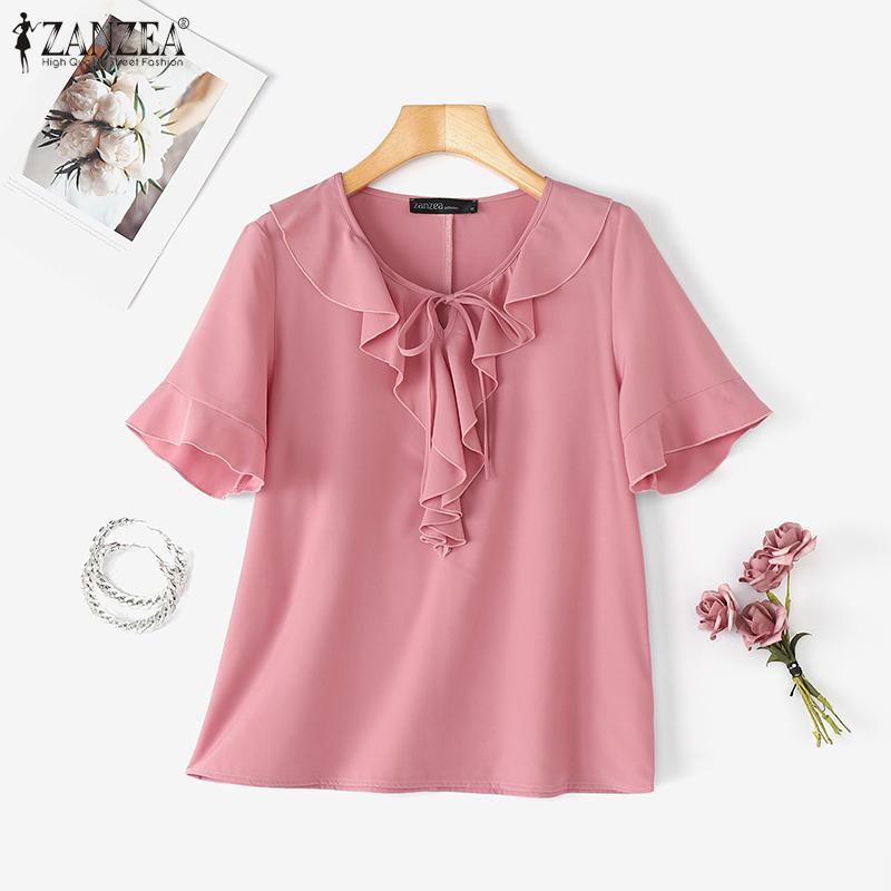 ZANZEA Women Casual Ruffles Round Neck Summer Short Sleeve Blouse