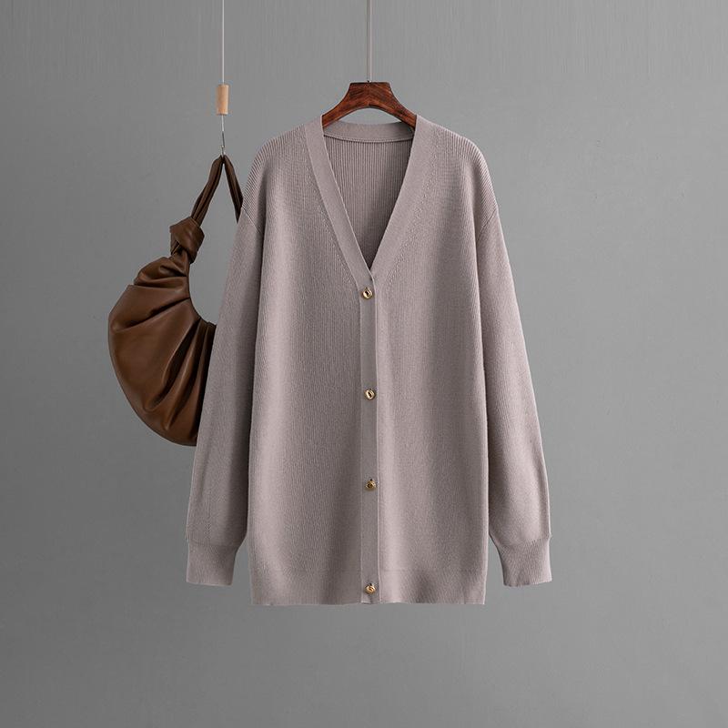 Women's Spring Autumn V-Neck Full Sleeve Single Breasted Loose Solid Color Middle Long Sweater Cardigan
