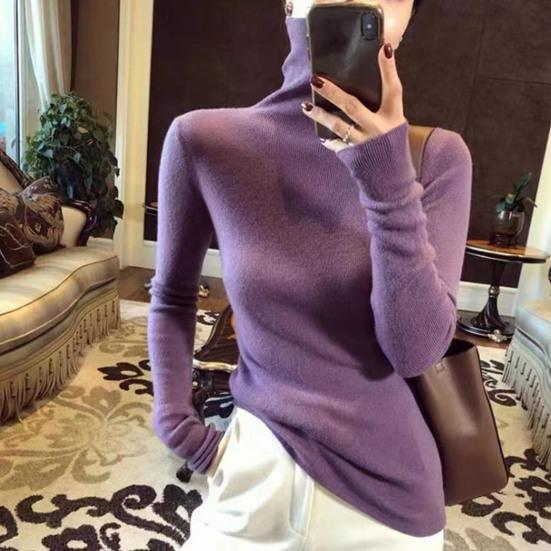 Women Sweater Turtleneck Long Sleeve Solid Color Bottom Tops High Elasticity Regular Fit Knitting Tops Knitwear