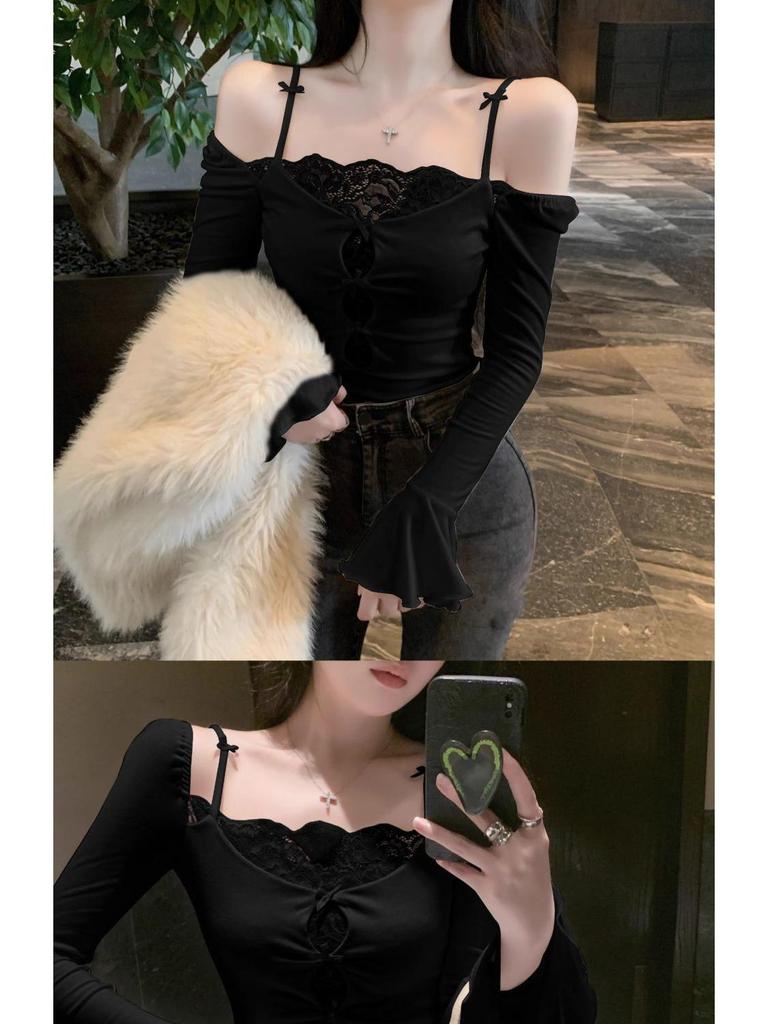Lace Patchwork Long Sleeve Slim Fit T-shirt - Trendy Autumn/Winter Women's Fashion