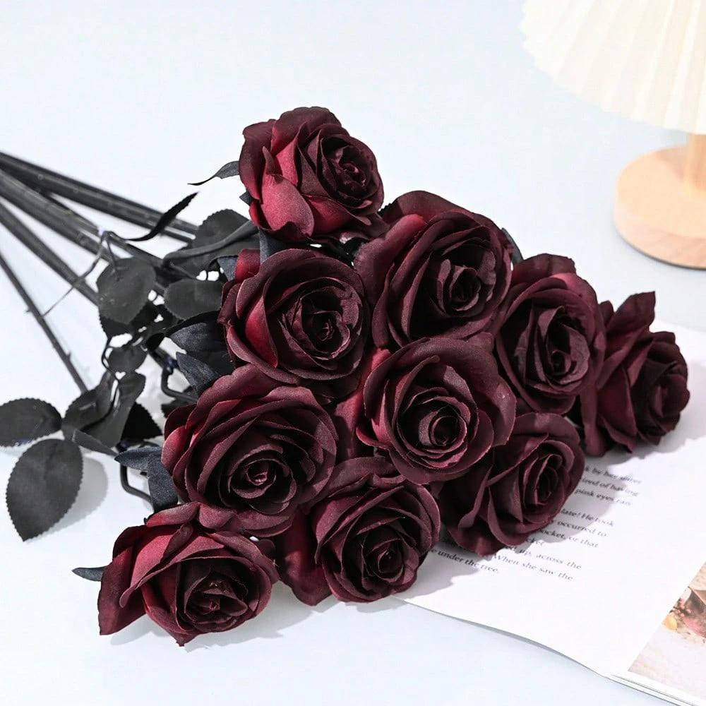5/10PCS 50CM Wine Red Black Rose Artificial Silk Flowers Halloween Party Dark Photo Decoration Prop Goth Rose Wedding Home Decor