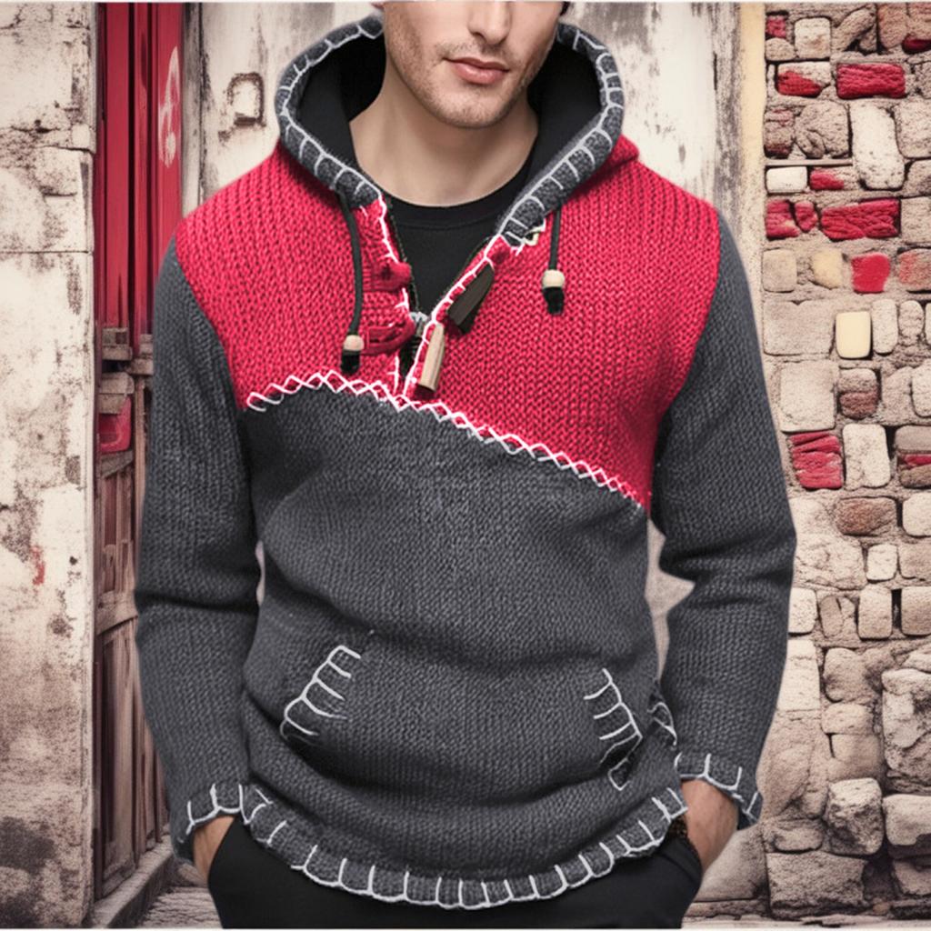 Men's Contrast Color Stitching Sweater Long Sleeve Hooded Sweater Sweatshirt