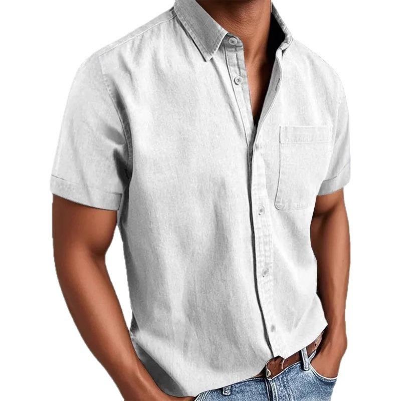 Summer Lapel Solid Color New Pocket Single Breasted Shirt Men's Short Sleeve Shirt Tops