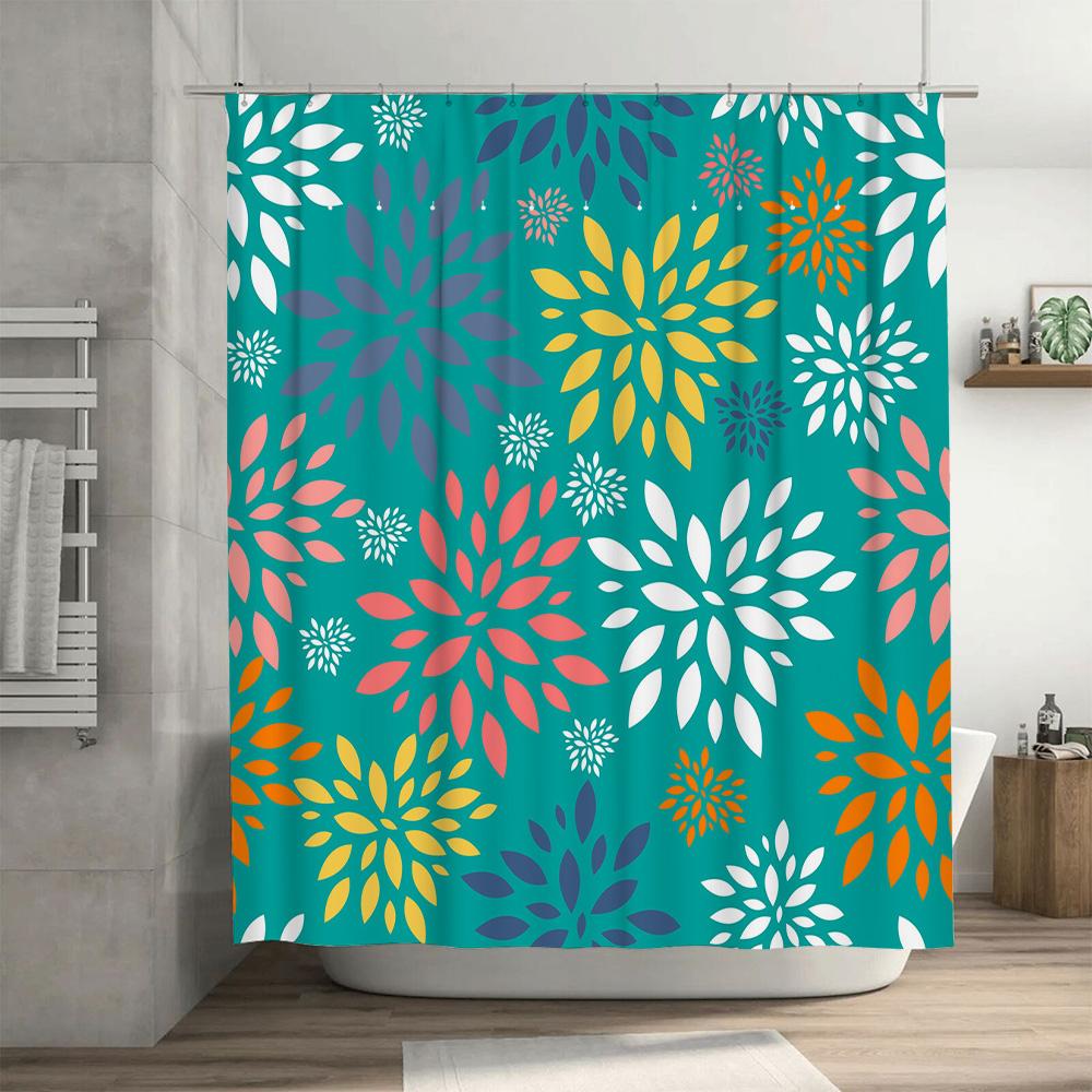 Colorful Floral Shower Curtain Home Decor Bathroom Accessory Blue Green Orange Yellow Purple White Petal Design Pattern Watercol
