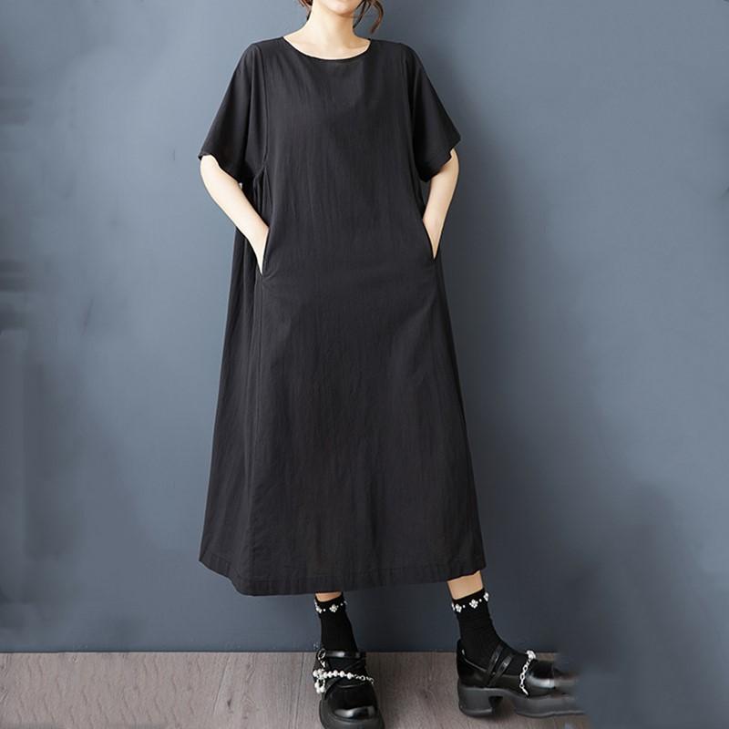 

Новое хлопковое винтажное платье больших размеров с короткими рукавами для женщин, повседневное свободное длинное летнее платье чёрный