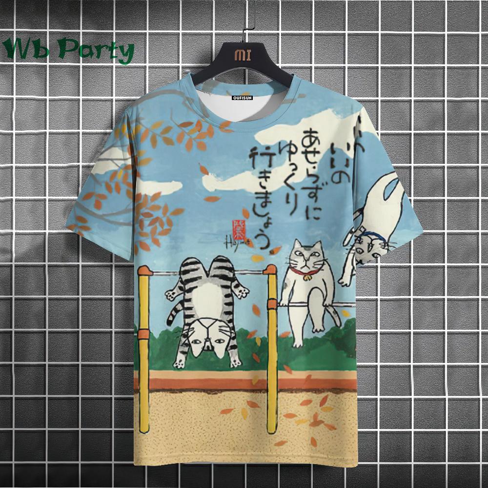 Summer Round Neck 3D Japanese Style Cartoon Cat Print Top Fashionable Casual Short Sleeved Men's T-shirts