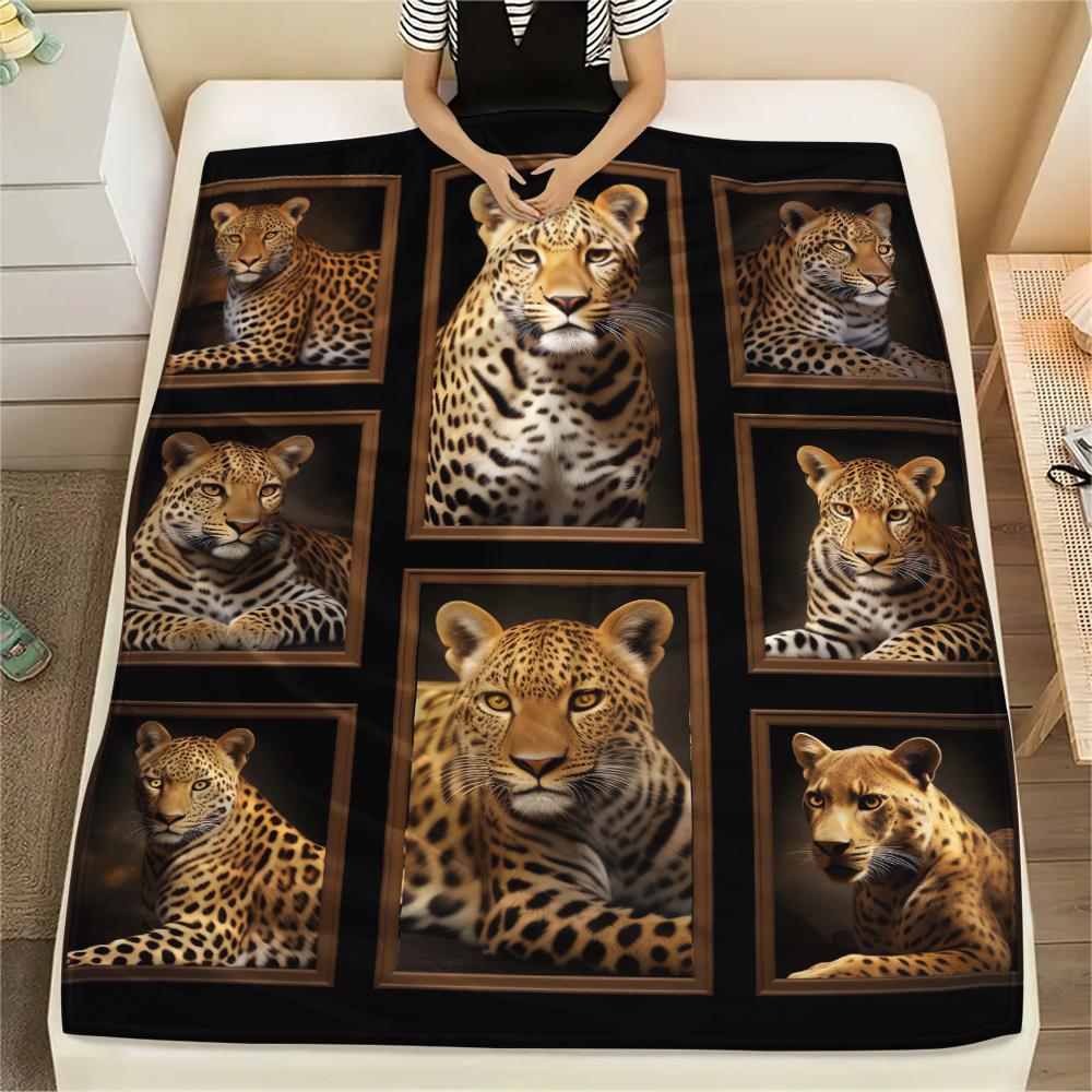 1Pc Lepoard Puzzle Print Flannel Blanket, High Quality Comfortable for All Seasons, Home Decor, Warmth and Comfort, Perfect for Christmas Gifts