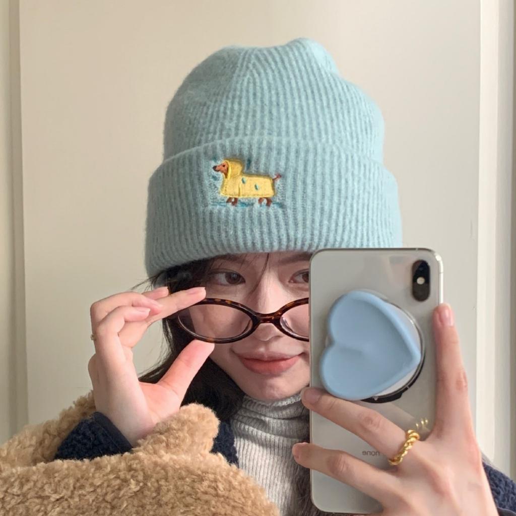 Autumn Winter Hats For Women Puppy Embroidered Knitted Beanie Ear Protection Cold Proof Keep Warm Baggy Cap Female New