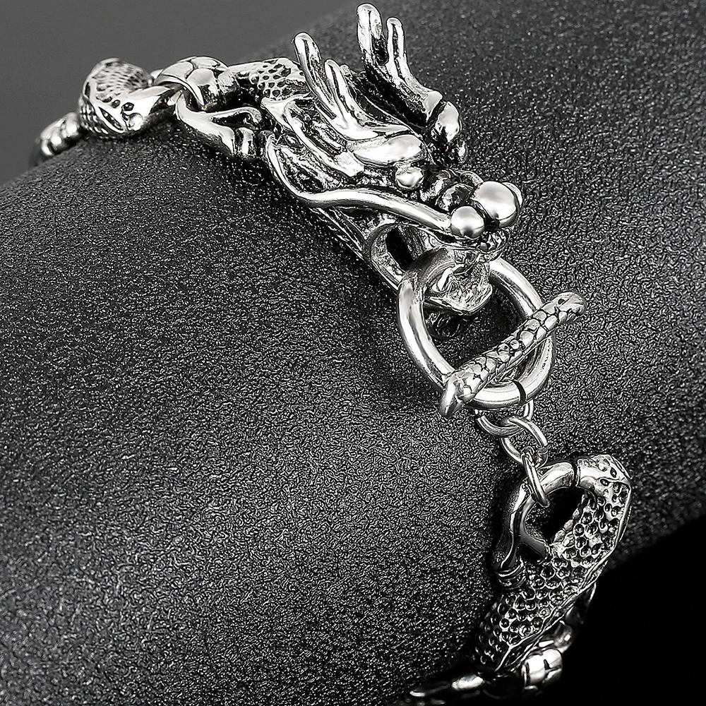 Massive Chinese Dragon Cuff Men's Bracelets Vintage Stainless Steel Loong Head Body Chain Bracelet for Man Gothic Jewelry Gifts