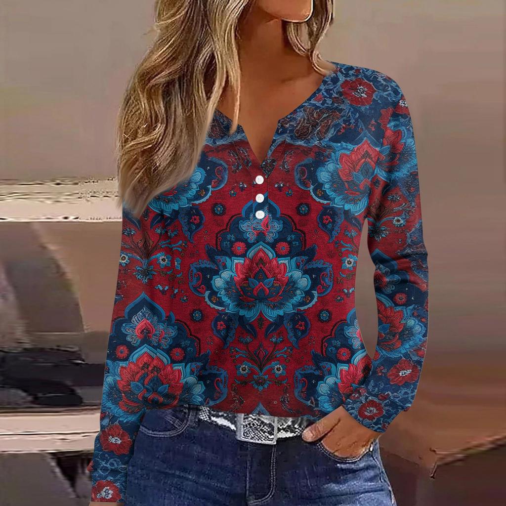 Women's T Shirt Tee Button Long Sleeve Daily Weekend Fashion Basic V- Neck Regular Top